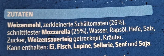 Original Wagner Steinofen Pizza Margherita 300 g, ingredients of pack