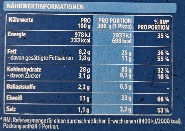 Original Wagner Steinofen Pizza Margherita 300 g, nutrition of pack