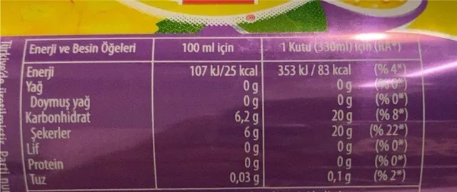 Lipton Ice Tea Mango 330 ml, nutrition of pack