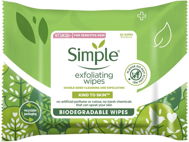 Simple Kind to Skin Biodegradable Exfoliating Wipes 20 wipes, front of pack
