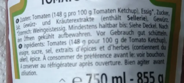 Heinz Tomato Ketchup 855 g, ingredients of pack