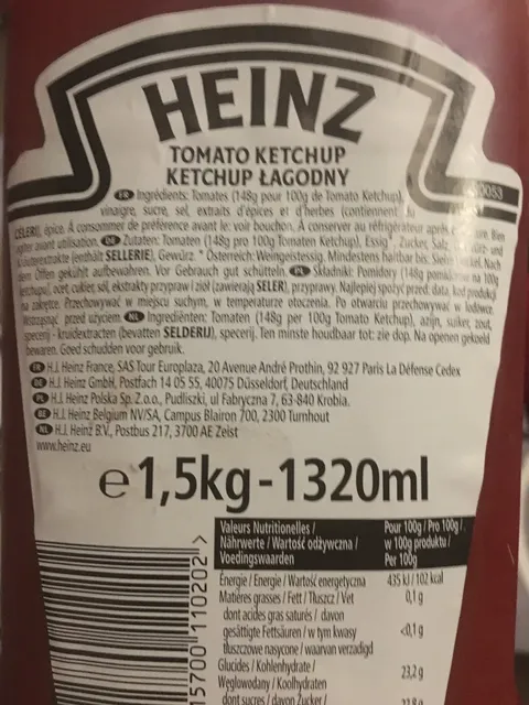 Heinz Tomato Ketchup 1.5 kg, ingredients of pack