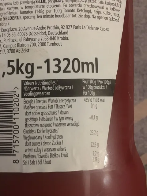 Heinz Tomato Ketchup 1.5 kg, nutrition of pack