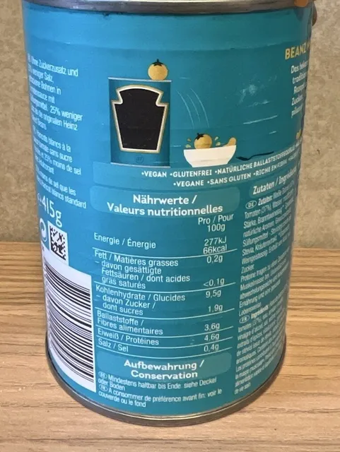 Heinz Beanz ohne Zuckerzusatz 415 g, nutrition of pack