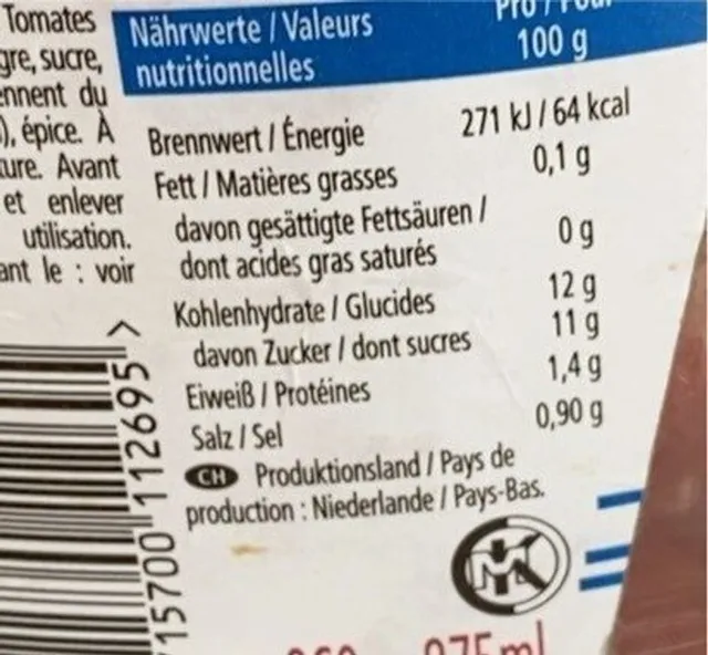 Heinz Tomato Ketchup 50% Less Sugar & Salt 875 ml, nutrition of pack