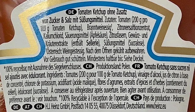Heinz Tomato Ketchup Zero 425 g, ingredients of pack