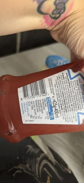Heinz Tomato Ketchup Zero 425 g, nutrition of pack