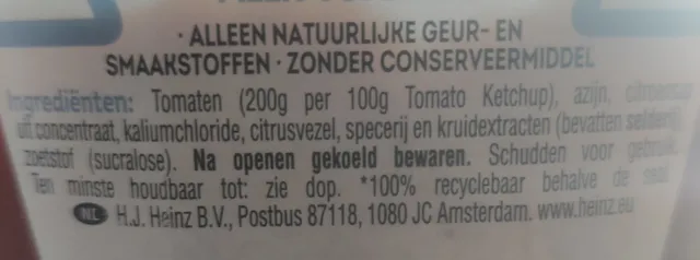 Heinz Tomato Ketchup Zero 425 g, ingredients of pack