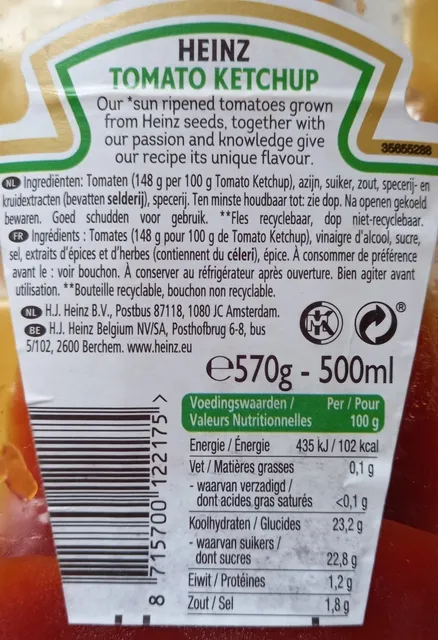 Heinz Tomato Ketchup 570 g, ingredients of pack
