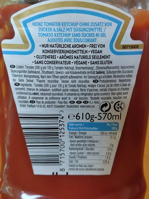 Heinz Tomato Ketchup Zero 610 g, ingredients of pack