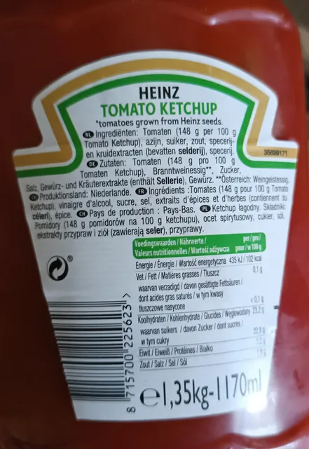 Heinz Tomato Ketchup 1.35 kg, ingredients of pack