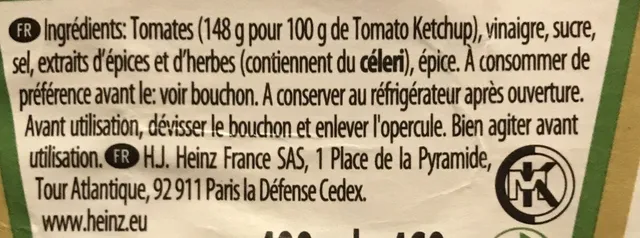 Heinz Tomato Ketchup 460 g, ingredients of pack