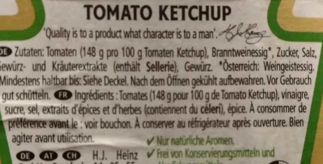 Heinz Tomato Ketchup 605 ml, ingredients of pack