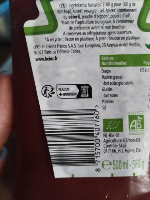 Heinz Tomato Ketchup Bio 580 g, back of pack