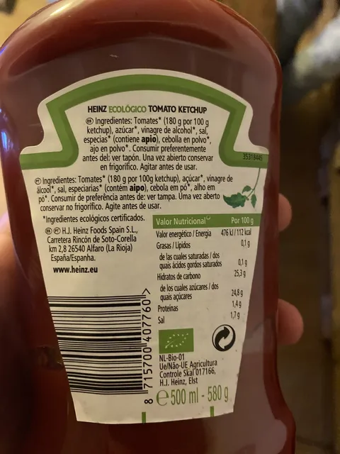 Heinz Tomato Ketchup Bio 580 g, ingredients of pack