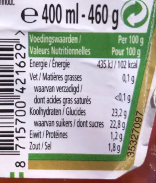 Heinz Tomato Ketchup 460 g, nutrition of pack
