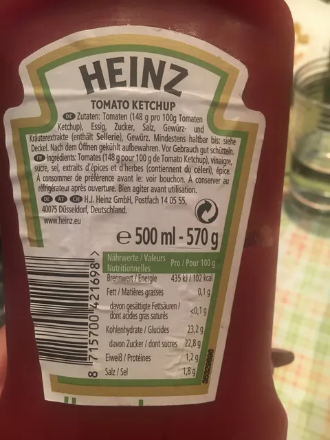 Heinz Tomato Ketchup 570 g, ingredients of pack