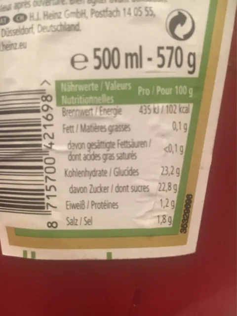 Heinz Tomato Ketchup 570 g, nutrition of pack