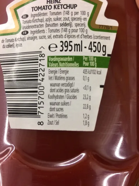 Heinz Tomato Ketchup 450 g, ingredients of pack