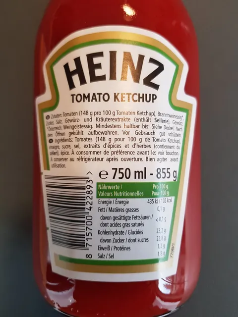 Heinz Tomato Ketchup 750 ml, ingredients of pack