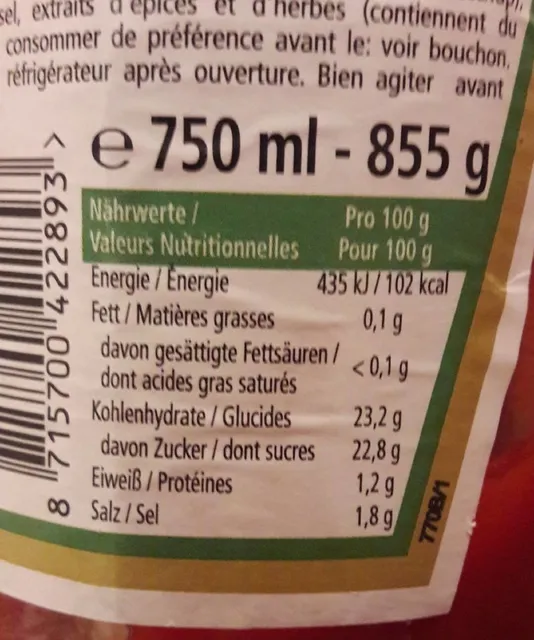 Heinz Tomato Ketchup 750 ml, nutrition of pack