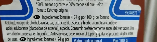 Heinz Tomato Ketchup 50% Less Sugar & Salt 500 ml, ingredients of pack