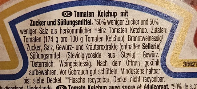 Heinz Tomato Ketchup 50% Less Sugar & Salt 500 ml, ingredients of pack