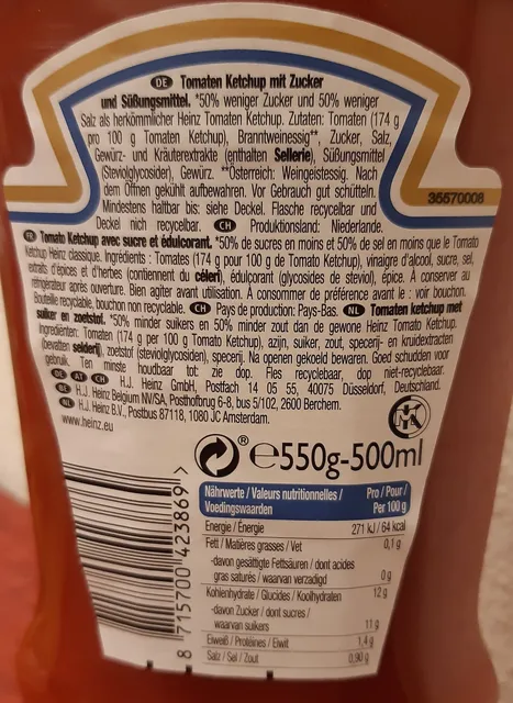 Heinz Tomato Ketchup 50% Less Sugar & Salt 500 ml, nutrition of pack