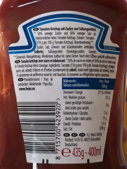 Heinz Tomato Ketchup 50% Less Sugar & Salt 435 g, ingredients of pack