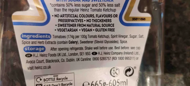 Heinz Tomato Ketchup 50% Less Sugar & Salt 665 g, ingredients of pack