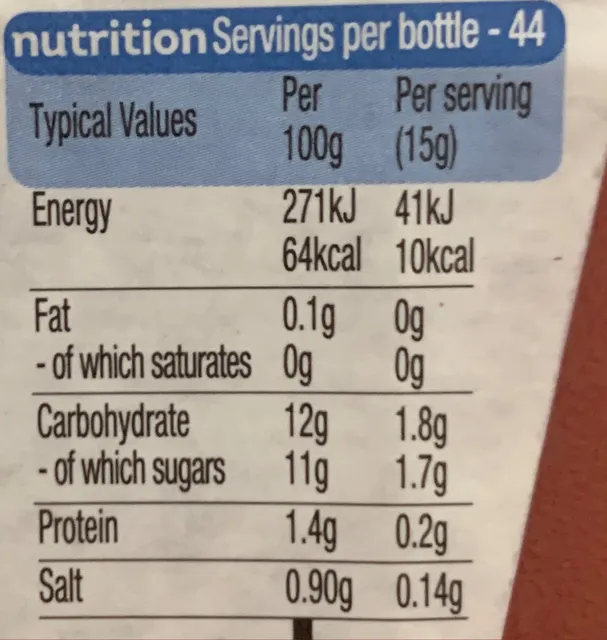 Heinz Tomato Ketchup 50% Less Sugar & Salt 665 g, nutrition of pack