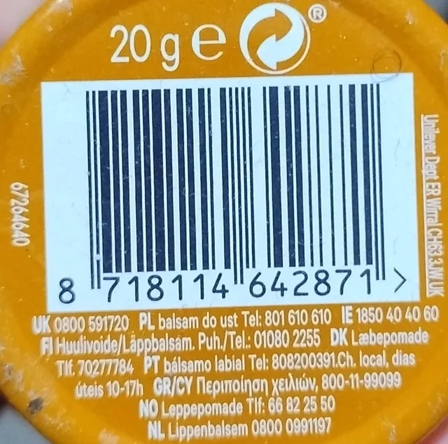 Vaseline Lip Therapy Cocoa Butter 20 g, back of pack