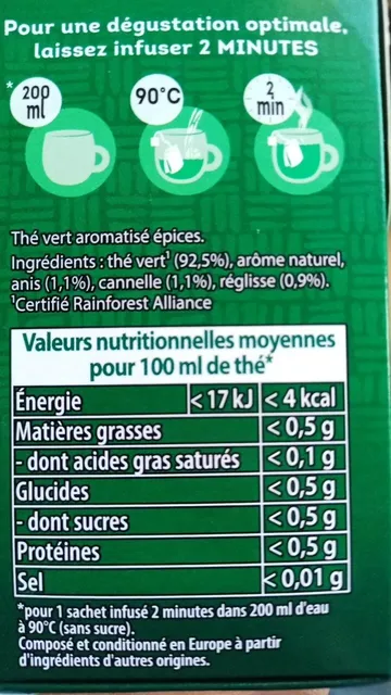 Lipton Tchaé Thé Vert Orient 35 g, ingredients of pack
