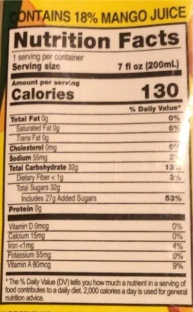 Frooti Mango Drink 200 mL, nutrition of pack