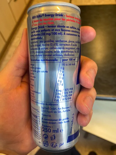 Red Bull Energy Drink (French label) 250 ml, back of pack