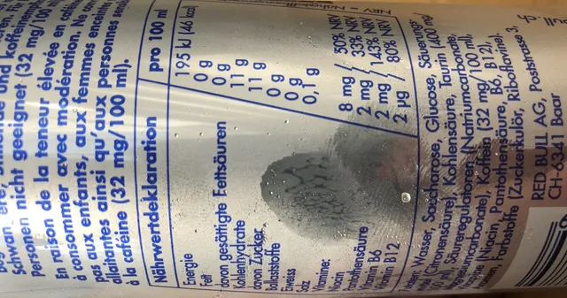 Red Bull Energy Drink 355 ml can, ingredients of pack