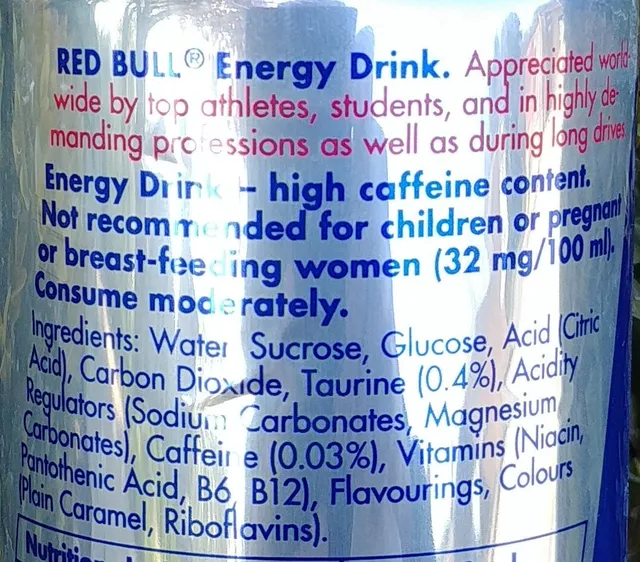 Red Bull Energy Drink 473 ml can, ingredients of pack