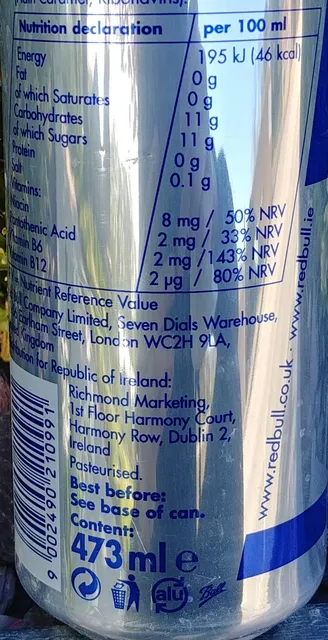 Red Bull Energy Drink 473 ml can, nutrition of pack