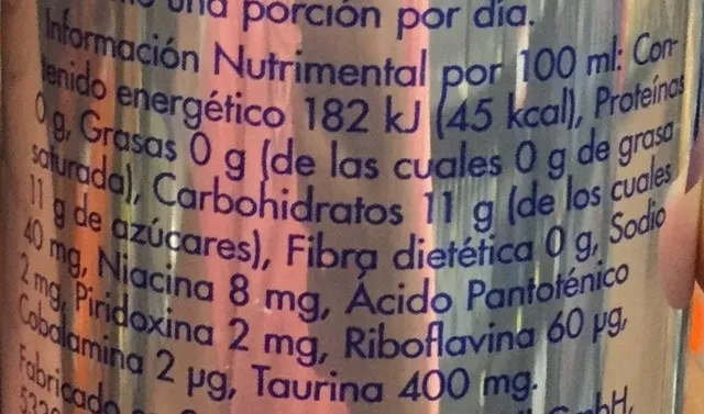 Red Bull Energy Drink 473 ml can, nutrition of pack