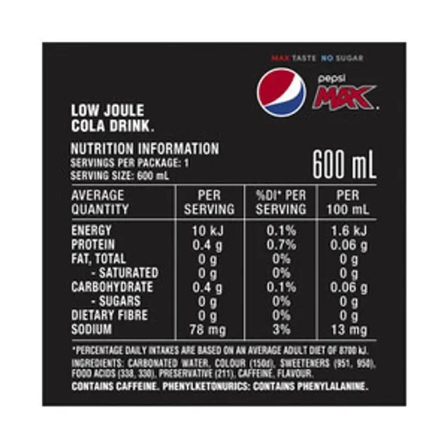 Pepsi Max 600 mL, ingredients of pack