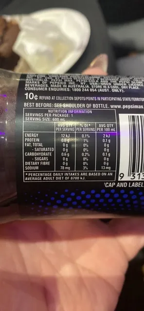 Pepsi Max 600 mL, nutrition of pack